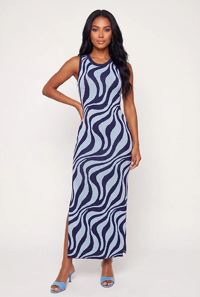Abstract Swirl Print Knit Side Slit Maxi Dress