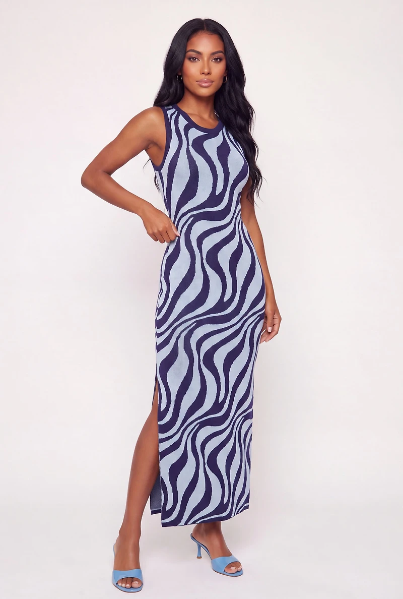 Abstract Swirl Print Knit Side Slit Maxi Dress