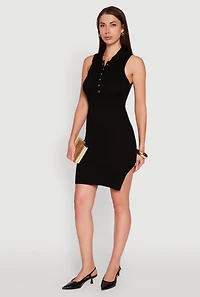 Trendy Ribbed Knit Sleeveless Collared Bodycon Dress