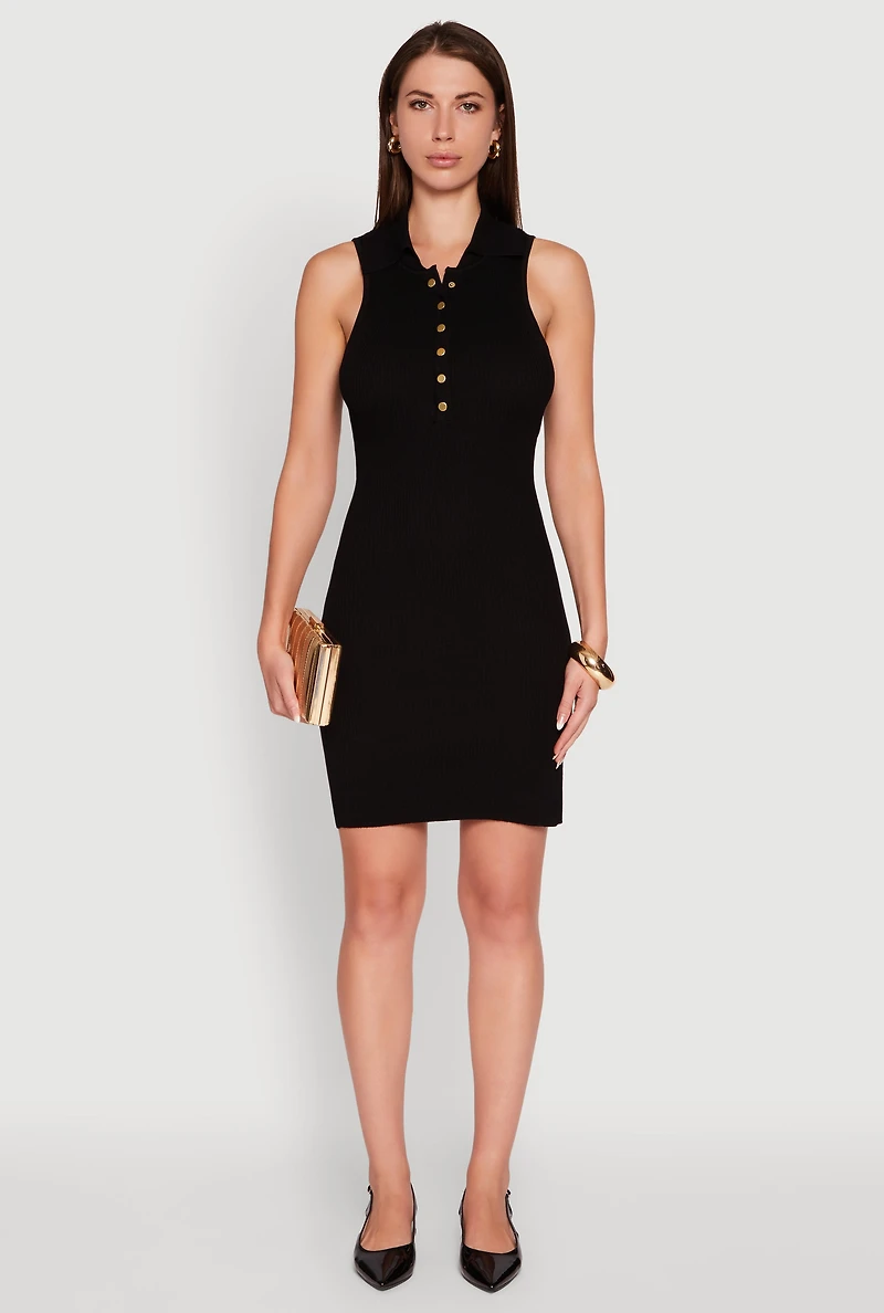 Trendy Ribbed Knit Sleeveless Collared Bodycon Dress