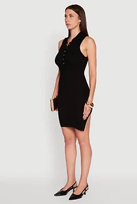 Trendy Ribbed Knit Sleeveless Collared Bodycon Dress