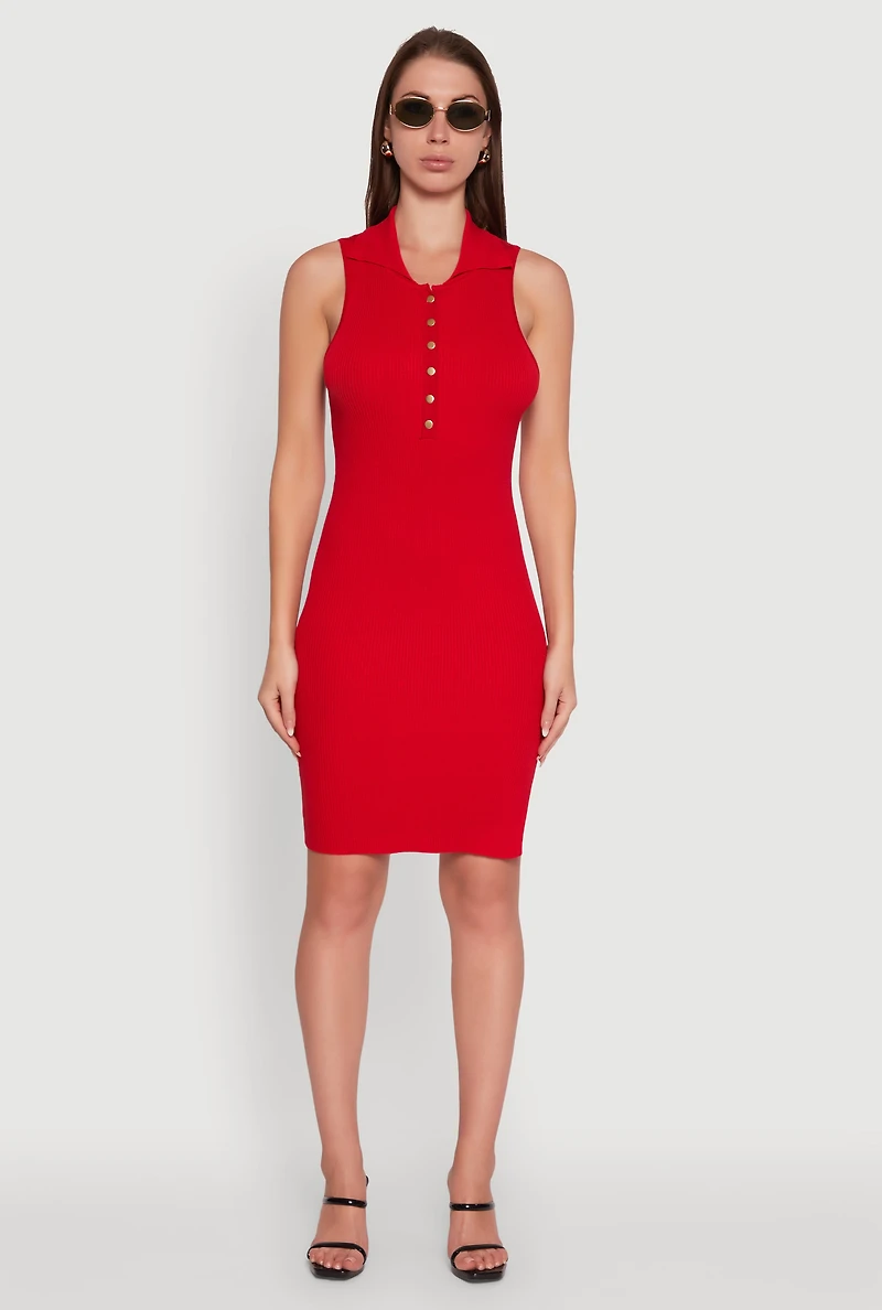 Trendy Ribbed Knit Sleeveless Collared Bodycon Dress