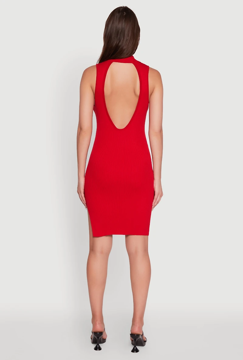 Trendy Ribbed Knit Sleeveless Collared Bodycon Dress