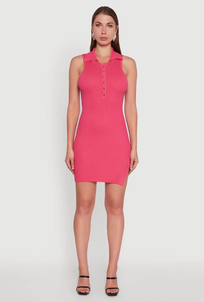 Womens Trendy Ribbed Knit Sleeveless Collared Bodycon Dress, Pink, Size L