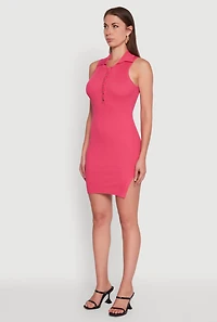 Womens Trendy Ribbed Knit Sleeveless Collared Bodycon Dress, Pink, Size L