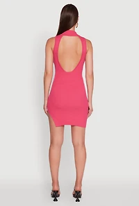 Womens Trendy Ribbed Knit Sleeveless Collared Bodycon Dress, Pink, Size L