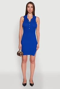 Womens Trendy Ribbed Knit Sleeveless Collared Bodycon Dress, Blue, Size XL
