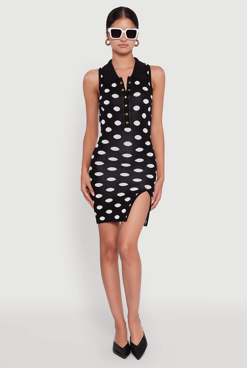 Womens Polka Dot Sleeveless Polo Collar Mini Dress, Black, Size L