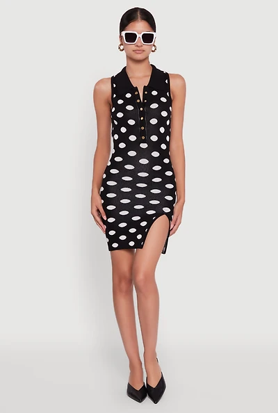 Womens Polka Dot Sleeveless Polo Collar Mini Dress, Black, Size L