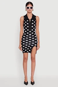 Womens Polka Dot Sleeveless Polo Collar Mini Dress, Black, Size L