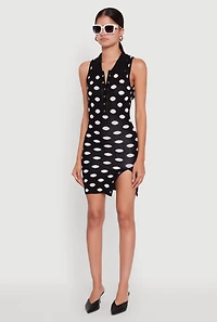 Womens Polka Dot Sleeveless Polo Collar Mini Dress, Black, Size S