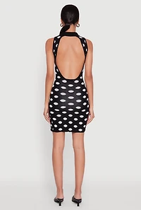 Womens Polka Dot Sleeveless Polo Collar Mini Dress, Black, Size XL