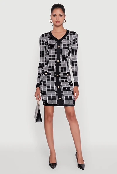 Womens Checkered Plaid Long Sleeve Dress, Grey, Size L