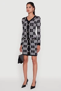 Womens Checkered Plaid Long Sleeve Dress, Grey, Size S