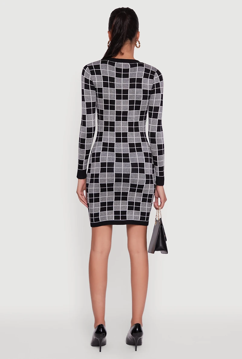 Womens Checkered Plaid Long Sleeve Dress, Grey, Size S
