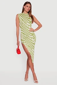 Womens Printed Side Slit Sleeveless Sweater Dress, Green, Size M