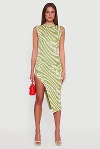 Womens Printed Side Slit Sleeveless Sweater Dress, Green, Size M