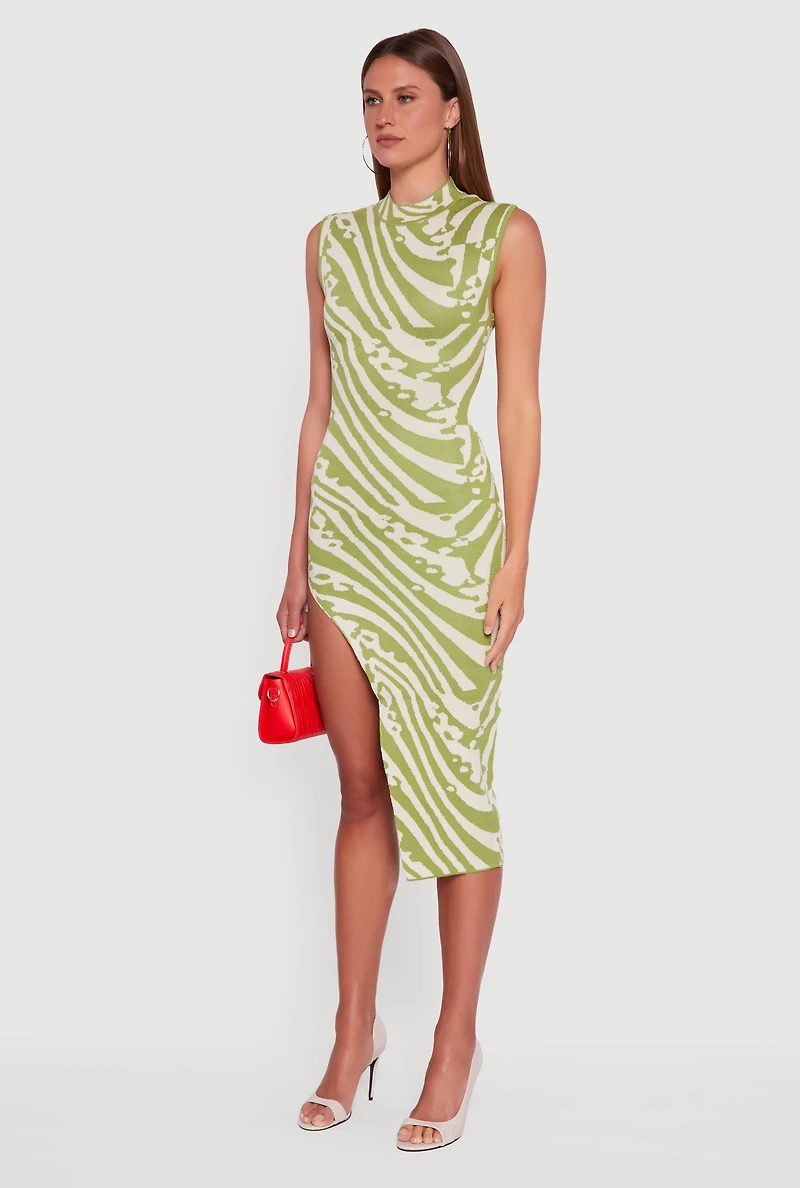 Womens Printed Side Slit Sleeveless Sweater Dress, Green, Size XL