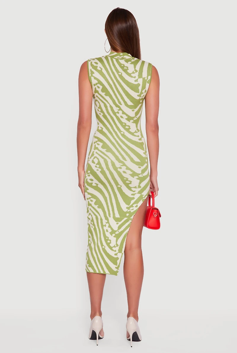 Womens Printed Side Slit Sleeveless Sweater Dress, Green, Size XL