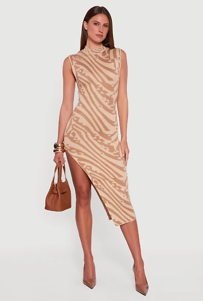 Womens Printed Side Slit Sleeveless Sweater Dress, Brown,