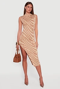 Womens Printed Side Slit Sleeveless Sweater Dress, Brown,