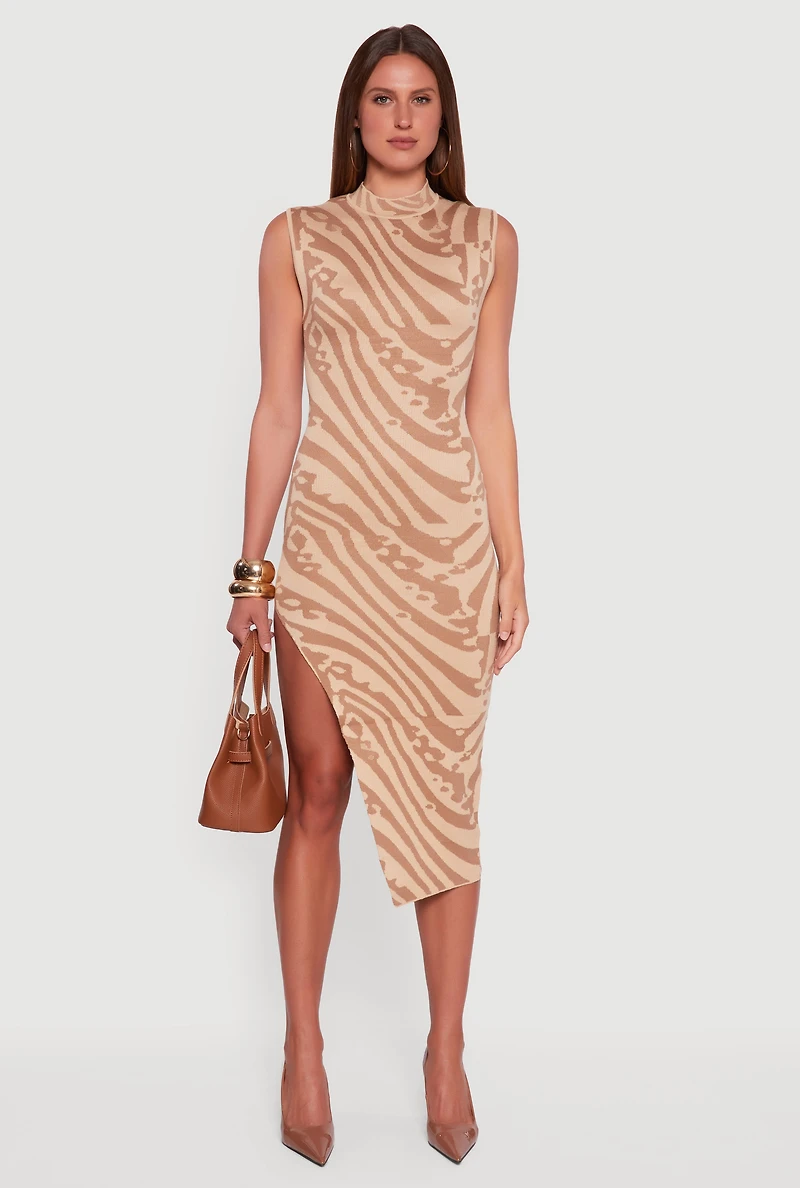 Womens Printed Side Slit Sleeveless Sweater Dress, Brown,