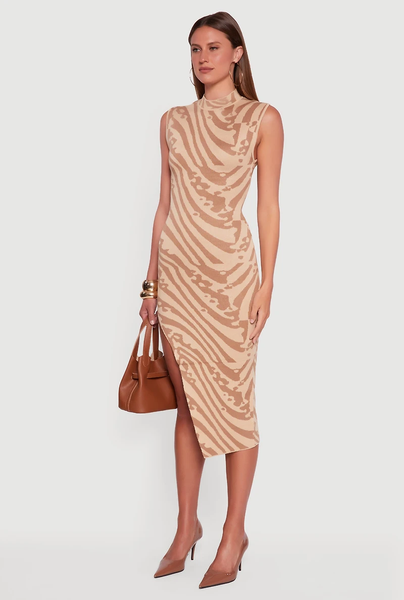 Womens Printed Side Slit Sleeveless Sweater Dress, Brown,