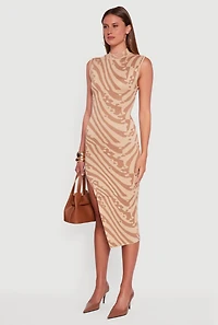 Womens Printed Side Slit Sleeveless Sweater Dress, Brown,