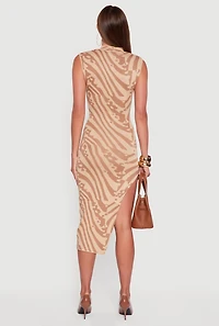 Womens Printed Side Slit Sleeveless Sweater Dress, Brown,
