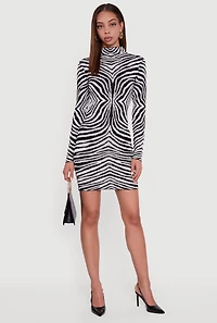 Zebra Print Lurex Long Sleeve Mock Neck Mini Dress