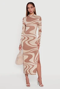 Psychedelic Swirl Long Sleeve Mock Neck Maxi Sweater Dress
