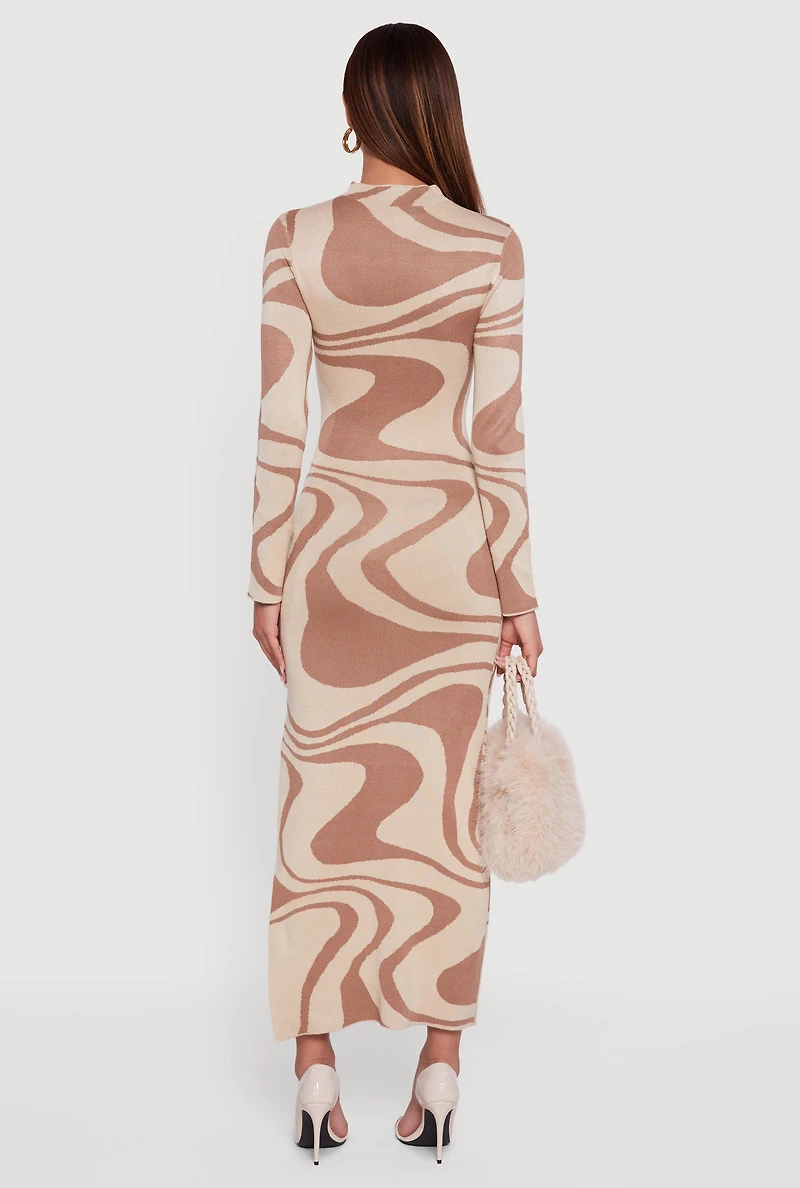 Psychedelic Swirl Long Sleeve Mock Neck Maxi Sweater Dress