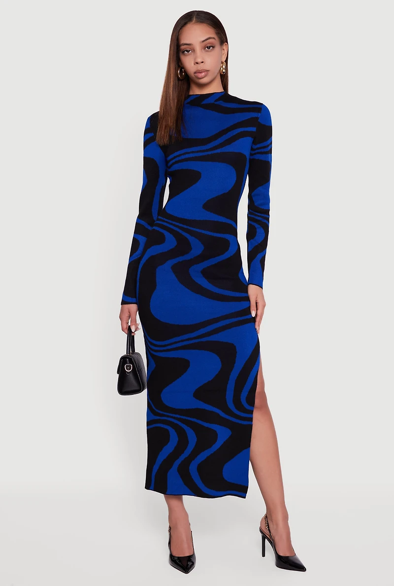 Psychedelic Swirl Long Sleeve Mock Neck Maxi Sweater Dress