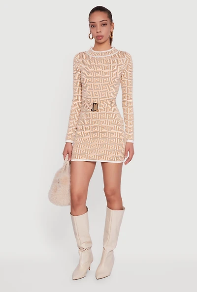 Womens Greek Key Belted Front Long Sleeve Sweater Dress, Beige, Size XL