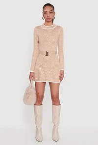 Womens Greek Key Belted Front Long Sleeve Sweater Dress, Beige, Size XL