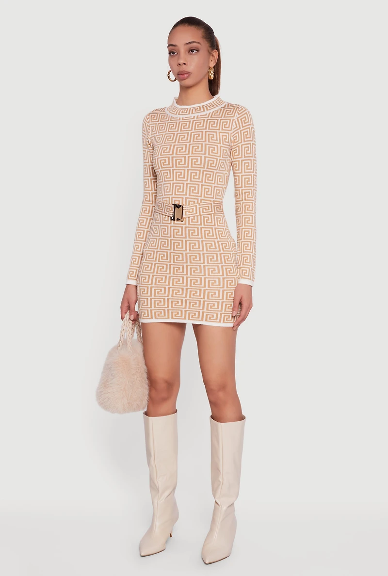 Greek Key Belted Front Long Sleeve Sweater Dress