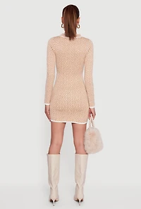 Womens Greek Key Belted Front Long Sleeve Sweater Dress, Beige, Size XL