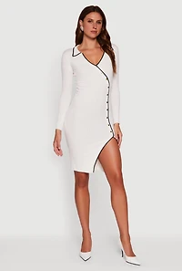Contrast Trim Ribbed Knit Long Sleeve Sweater Dress