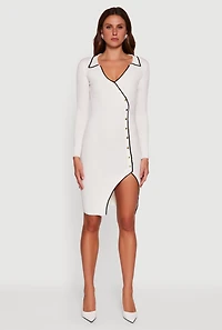 Womens Contrast Trim Ribbed Knit Long Sleeve Sweater Dress, White, Size M
