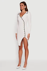 Contrast Trim Ribbed Knit Long Sleeve Sweater Dress