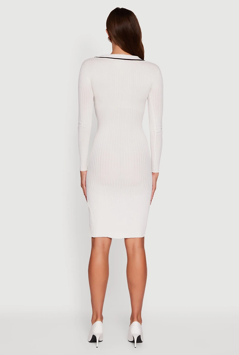 Contrast Trim Ribbed Knit Long Sleeve Sweater Dress
