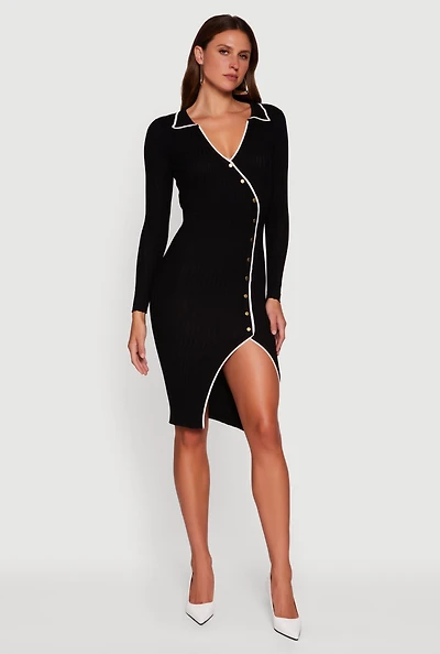 Womens Contrast Trim Ribbed Knit Long Sleeve Sweater Dress, Black,
