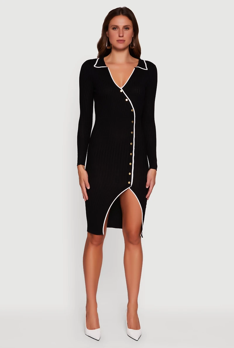 Womens Contrast Trim Ribbed Knit Long Sleeve Sweater Dress, Black,