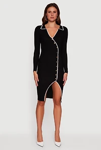 Womens Contrast Trim Ribbed Knit Long Sleeve Sweater Dress, Black,