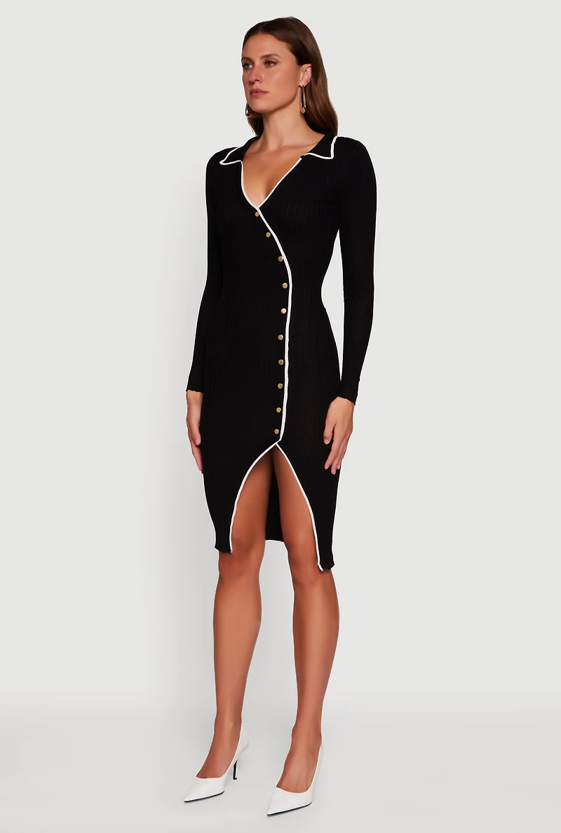 Womens Contrast Trim Ribbed Knit Long Sleeve Sweater Dress, Black,