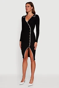 Womens Contrast Trim Ribbed Knit Long Sleeve Sweater Dress, Black,