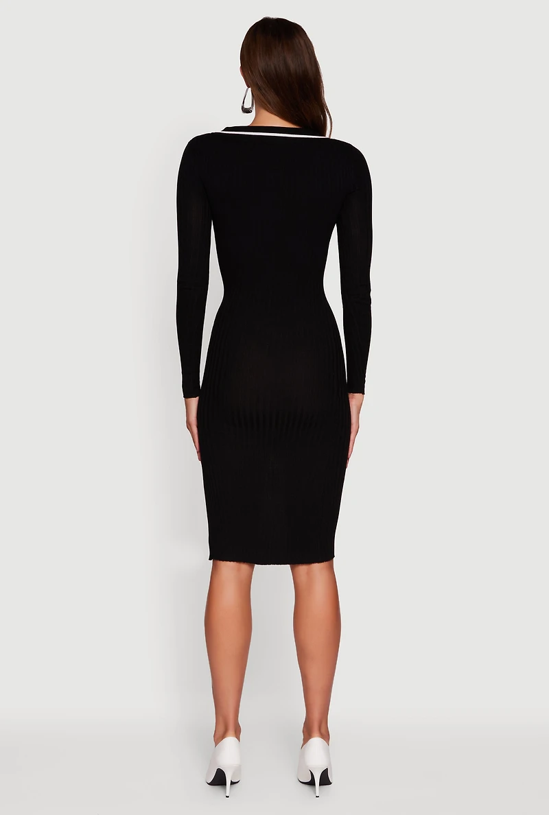 Womens Contrast Trim Ribbed Knit Long Sleeve Sweater Dress, Black,