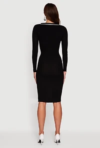 Womens Contrast Trim Ribbed Knit Long Sleeve Sweater Dress, Black,