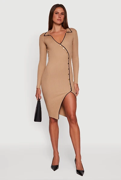 Womens Contrast Trim Ribbed Knit Long Sleeve Sweater Dress,
