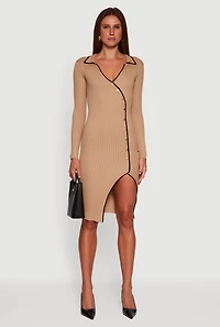 Womens Contrast Trim Ribbed Knit Long Sleeve Sweater Dress,